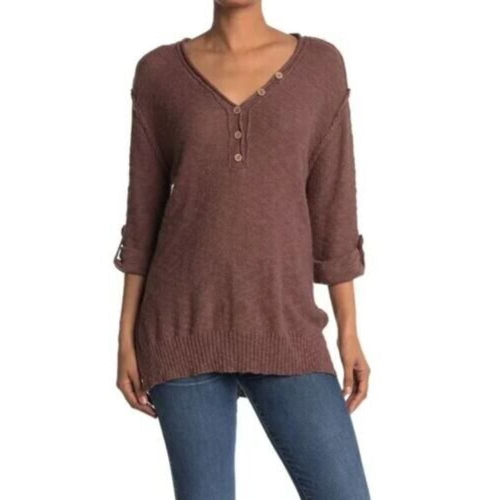 Stitchdrop Women's‎ Slub V-Neck Button Henley In Coconut Shell Small MSRP $72